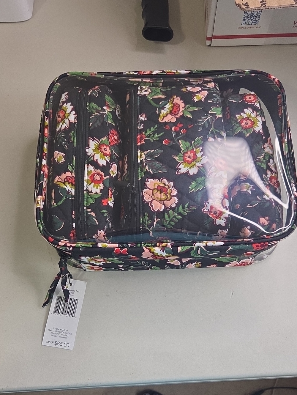 Vera Bradley 4 Piece Travel Cosmetic Case - Black Pink Green
